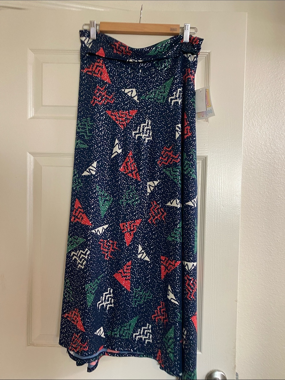 LuLaRoe Navy Maxi Skirt with Red and Green Geometric Accents